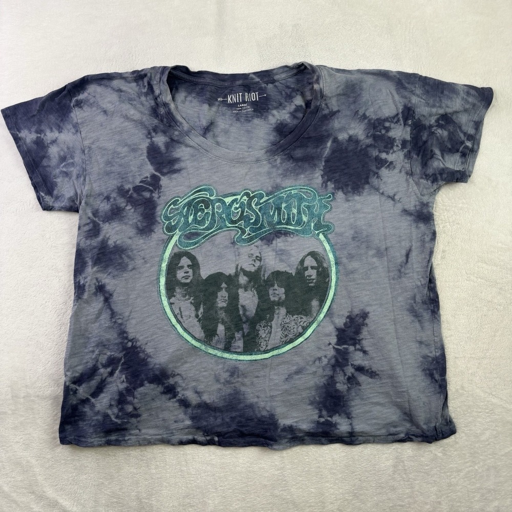 Knit Riot Aerosmith Tie Dye Blue Short Sleeve Graphic Women's Shirt Size Large
